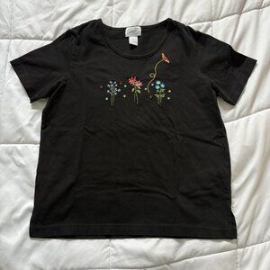 Vintage 90s Y2K Baby Tee T-shirt 2000s Floral Black Womens Small 100% Cotton
